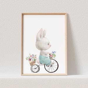 Kinderzimmer Poster Hase Fahrrad Häschen Hasenbaby Tiere Junge Babyzimmer (OHNE RAHMEN)