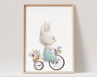 Kinderzimmer Poster Hase Fahrrad Häschen Hasenbaby Tiere Junge Babyzimmer (OHNE RAHMEN)