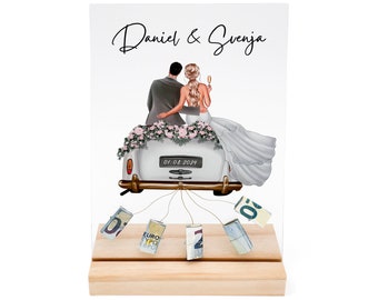 Geldgeschenk Hochzeit personalisiert Acrylglas Bild Hochzeitsgeschenk Geld Geschenk für Brautpaar 20x30 cm inkl. Holzfuß
