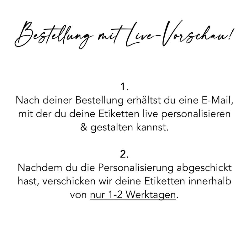 May include: Text explaining the ordering process for personalized labels. After placing an order, you will receive an email with a link to personalize your labels. The labels will be shipped within 1-2 business days.