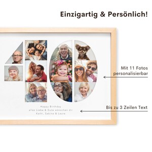 May include: A white photo collage frame with a wood frame. The frame is designed to hold 11 photos in various shapes and sizes. The frame has the number 40 in the center, with the photos arranged around it. The text "Happy Birthday" is at the bottom of the frame, along with the text "alles Liebe & Gute w&uuml;nschen dir" and "Kathi, Sabine & Laura". The text "Mit 11 Fotos personalisierbar" is on the right side of the frame, and the text "Bis zu 3 Zeilen Text" is on the bottom right side of the frame.