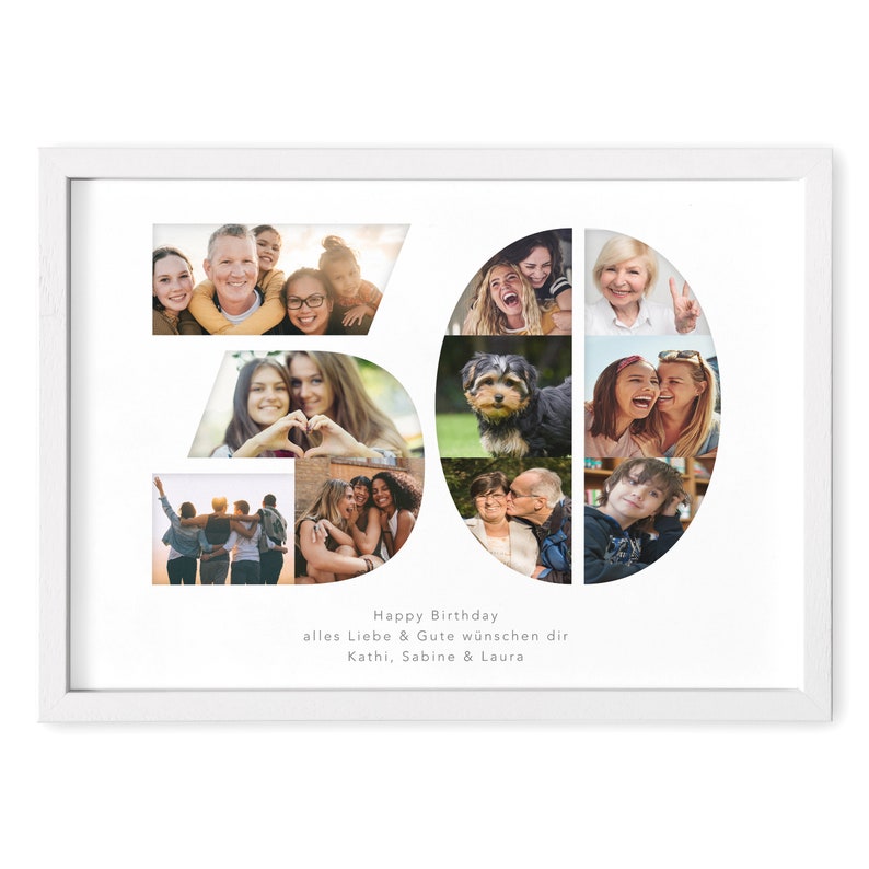 May include: A white photo frame with a collage of photos inside, forming the number 50. The photos are of various people and a dog. The text "Happy Birthday alles Liebe & Gute w&uuml;nschen dir Kathi, Sabine & Laura" is at the bottom of the frame.