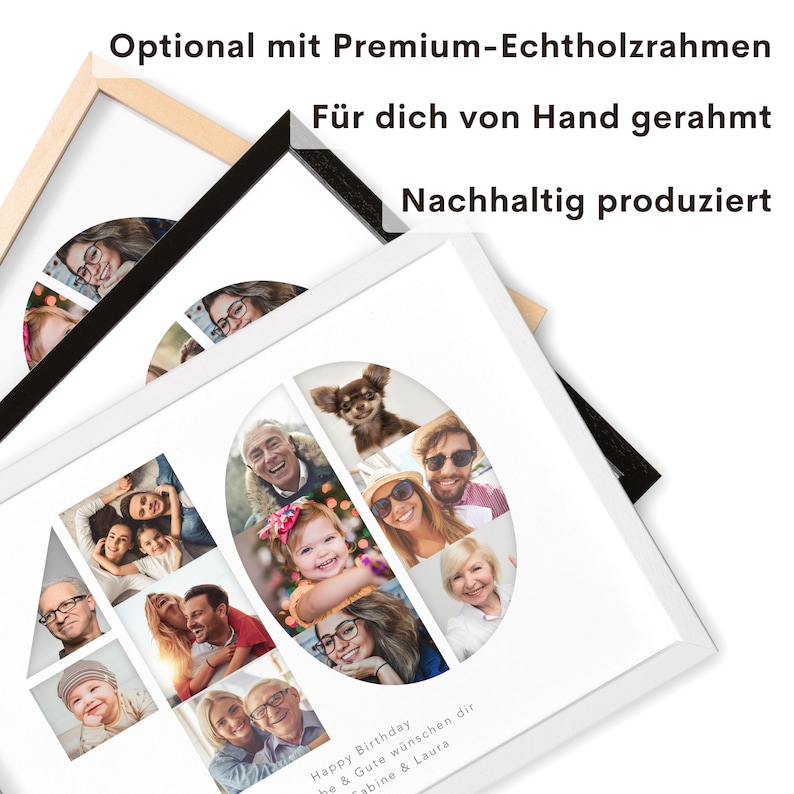 May include: A white photo frame with a collage of photos inside. The frame is made of wood and has a white mat. The photos are of a family celebrating a birthday. The text "Happy Birthday" and "he & Gute w&uuml;nschen dir Sabine & Laura" is printed on the bottom of the frame.
