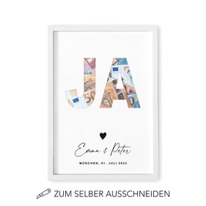 Geldgeschenk Hochzeit Hochzeitsgeschenk Personalisierbares Poster JA Geld Geschenk Holzrahmen Weiß