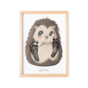 Baby Fußabdruck Bild Igel Fußabdrücke Personalisiert Babygeschenk zur Geburt Geschenk Kleinkind Kinderzimmerdeko (Ohne Farbe)