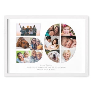 May include: A white photo frame with a collage of photos in the shape of the number 50. The photos show a family and friends. The text "Liebe Monika, herzlichen Gl&uuml;ckwunsch zum 50. Geburtstag! Sabine, Julia & Mona" is at the bottom of the frame.