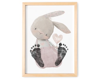 Baby Fußabdruck Bild Hase Altrosa Fußabdrücke Personalisiert Babygeschenk zur Geburt Geschenk Kleinkind Kinderzimmerdeko