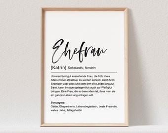 Ehefrau Definition Poster Personalisierbar Hochzeit Braut Hochzeitstag Geschenk Hochzeitsgeschenk (OHNE RAHMEN)