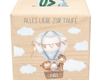 Personalized christening money box for children – wooden christening gift, hot air balloon piggy bank with key – for boys & girls