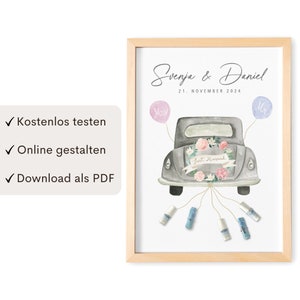 Dinheiro de presente de casamento imagem personalizada com presente de dinheiro de carro cartaz de casamento presente recém-casados | Modelo PDF para download digital