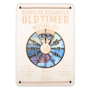 Oldtimer Geburtstagskarte 50. Geburtstag Schonend behandeln personalisiert Geldverpackung Geburtstagsgeschenk Geschenkkarte Holz 12x17 cm