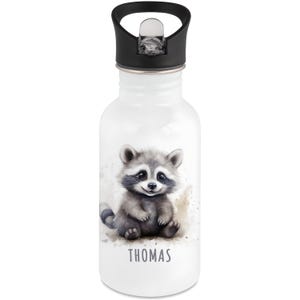 Personalized children's water bottle with name, raccoon design, stainless steel bottle with straw, water bottle for school and kindergarten, 500 ml