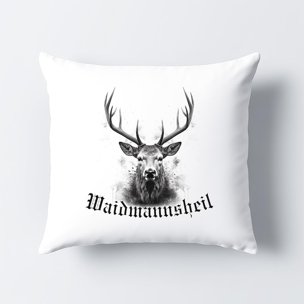 Hirsch Deko Kissen mit Hirschmotiv Waidmannsheil Jäger Geschenk Hirschgeweih Zierkissen Couchkissen 40x40 cm inkl. Füllung und Bezug