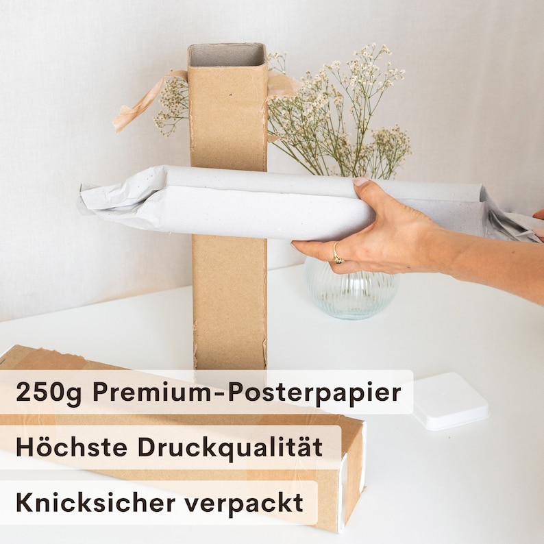 May include: A rolled poster is being carefully placed into a cardboard tube. The tube is wrapped in brown paper and secured with tape. The poster is protected by a white paper wrapping. The text on the box reads "250g Premium-Posterpapier", "H&ouml;chste Druckqualit&auml;t", and "Knicksicher verpackt".