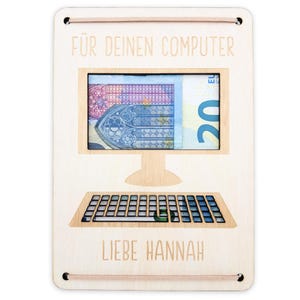 Geldgeschenk Computer zum Geburtstag personalisierte Geld Verpackung PC Notebook Wunscherfüller Geldkarte Geschenkkarte aus Holz 12x17 cm