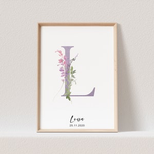 Geburtsposter Mädchen Buchstabe Blumen Kinderzimmer Poster Name Babyzimmer Namensgeschenk Bild Buchstabenposter (OHNE RAHMEN)