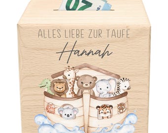 Personalized christening money box for children – wooden Noah's Ark piggy bank with key – for boys & girls