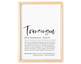 May include: A framed print featuring the word "Tranzengin" in black script, with a German definition below. The definition describes a key person at a wedding. The frame is light wood, and the background is white.