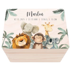 Erinnerungskiste Baby Tiere Holzkiste personalisierte Erinnerungsbox Mädchen Geschenk Geburt Geburtsgeschenk 30x20x13 cm