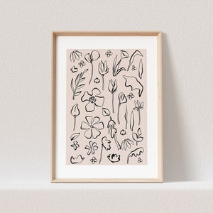 Blumen Bild Line Art Poster Beige Boho Abstrakte Kunst Minimalistisch Floraler Kunstdruck (OHNE RAHMEN)