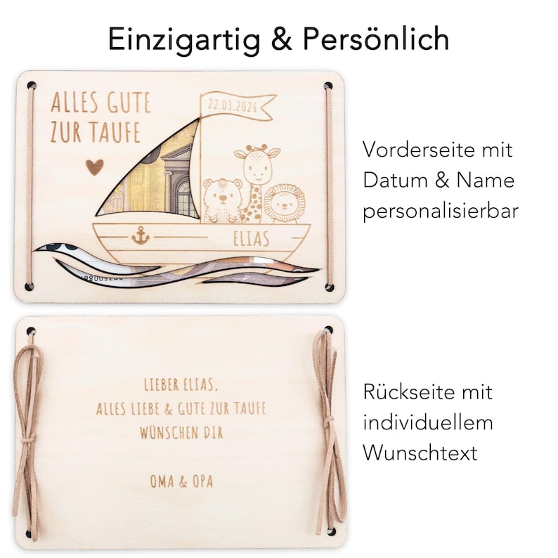 K&ouml;nnte beinhalten: Holzkiste mit einem Schlitz f&uuml;r Geld, verziert mit einem Segelboot und Tieren. Die Vorderseite der Kiste lautet "Alles Gute zur Taufe" und "Elias". Die R&uuml;ckseite der Kiste lautet "Lieber Elias. Alles Liebe & Gute zur Taufe W&uuml;nschen Dir Oma & Opa".