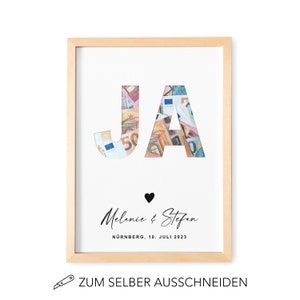 Geldgeschenk Hochzeit Hochzeitsgeschenk Personalisierbares Poster JA Geld Geschenk Holzrahmen Natur