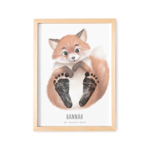 Fußabdruck Baby Bild mit Fuchs Fußabdrücke Poster Babygeschenk mit Tieren Geschenk zur Geburt (Ohne Farbe)