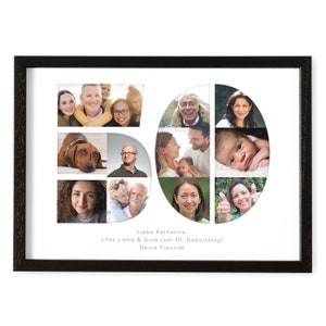 May include: A white photo frame with a black border, featuring a collage of photos arranged in the shape of the number 50. The photos depict a variety of people, including families, couples, and individuals. The text "Liebe Katharina, alles Liebe & Gute zum 50. Geburtstag! Deine Freunde" is printed below the collage.
