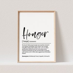 May include: A framed print with the word "Hunger" in a black, handwritten font. Below the word is a definition in German, with the phonetic pronunciation and synonyms listed. The frame is a light wood color.