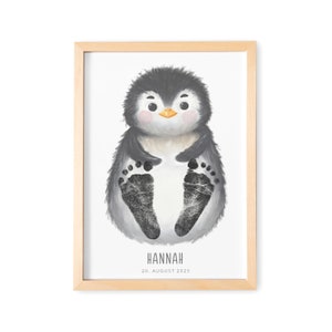 Fußabdruck Baby Bild mit Pinguin Fußabdrücke Poster Babygeschenk mit Tieren Geschenk zur Geburt (Ohne Farbe)