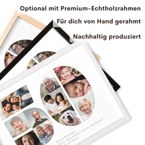 May include: A white photo frame with a collage of family photos in a circular design. The frame is made of wood and has a black and white border. The text "Happy Birthday! Gl&uuml;ck, Gesundheit und nur das Beste! m & Stefan" is printed on the bottom of the frame.