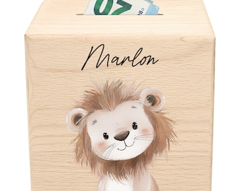 Personalized Lion Money Box for Children, Safari Animals, Wooden Piggy Bank with Key, Christening Gift for Boys & Girls