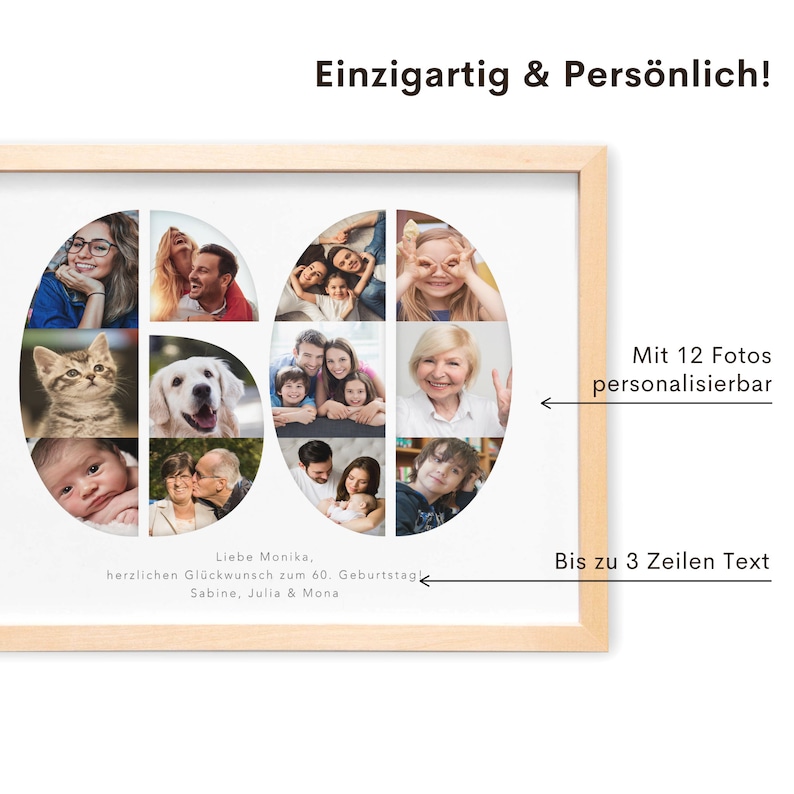 Op de afbeelding: Een witte ingelijste fotocollage met een 60e verjaardagsthema. De collage heeft 12 fotovakjes in de vorm van het getal 60. De tekst "Liebe Monika, herzlichen Gl&uuml;ckwunsch zum 60. Geburtstag! Sabine, Julia & Mona" staat onder de collage. De tekst "Mit 12 Fotos personalisierbar" staat rechts naast de collage. De tekst "Bis zu 3 Zeilen Text" staat onder de tekst rechts naast de collage.