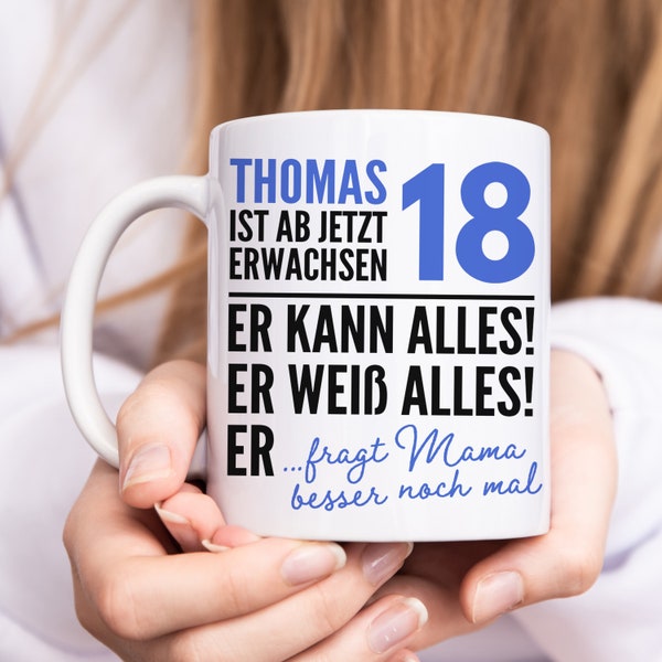 18. Geburtstag Junge Tasse Geschenk personalisiert lustiges Geburtstagsgeschenk Mann Geschenkidee Kaffeetasse mit Namen aus Keramik