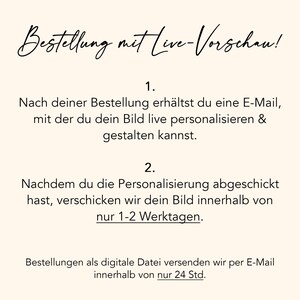 Op de afbeelding: Tekst die het bestelproces voor gepersonaliseerde afbeeldingen uitlegt. Na het plaatsen van een bestelling ontvangt u een e-mail met een link om uw afbeelding te personaliseren. De afbeelding wordt binnen 1-2 werkdagen verzonden. Digitale bestanden worden binnen 24 uur per e-mail verzonden.