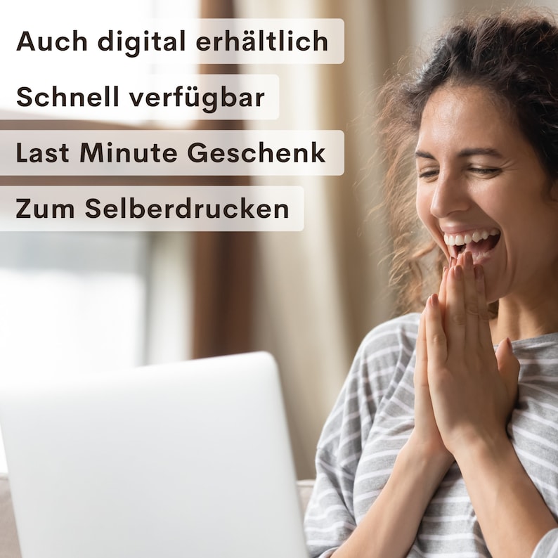 May include: A woman smiles broadly while looking at a laptop screen. The screen displays text that reads "Auch digital erh&auml;ltlich", "Schnell verf&uuml;gbar", "Last Minute Geschenk", and "Zum Selberdrucken".