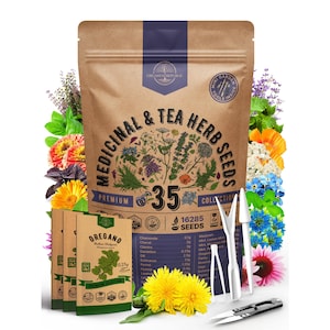 35 Medicinal & Tea Herb Seeds Variety Pack for Indoor and Outdoors. 16,335+ Non GMO Heirloom Garden Seeds