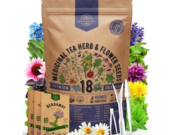 18 Medicinal Tea Herb Flower Seeds Variety Pack, 6100+ Non GMO Heirloom Seeds