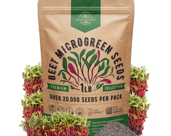 May include: A brown paper bag of beet microgreen seeds, labeled "Premium Collection" and "1 LB". The bag features a graphic of beet microgreens and the text "Over 20,000 Seeds Per Pack". Several bundles of beet microgreens and a pile of seeds are in front.