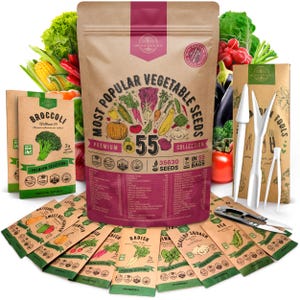 a variety of vegetable seeds, including broccoli, carrots, and radishes, along with a collection of seed packets and a bag of seeds.
