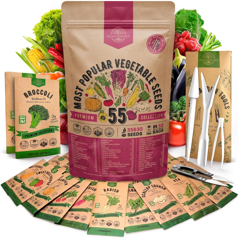 a variety of vegetable seeds, including broccoli, carrots, and radishes, along with a collection of seed packets and a bag of seeds.