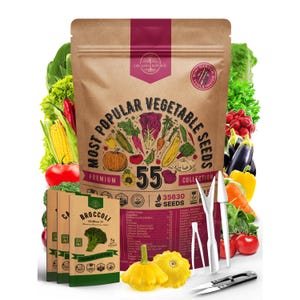 55 Most Popular Vegetables Seeds Variety Pack - 35,600+ Non GMO Heirloom Seeds for Planting Vegetables and Fruits in Individual Seed Packets