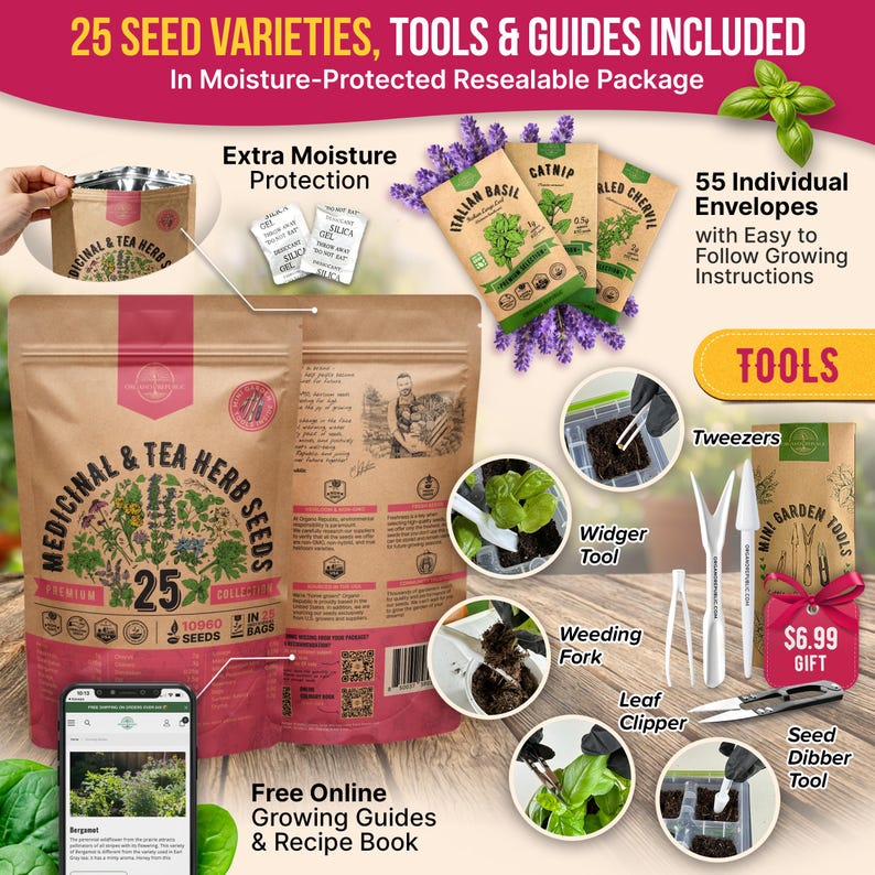 The image is an advertisement for a package containing 25 seed varieties, tools, and a guidebook, all in a moisture-protected, resealable package. The package includes extra moisture protection, 55 individual envelopes, tweezers, a weeder tool, a leaf clipper, a seed starter tray, a seed dipper, and a seedling starter tray. The package also includes free online growing guides and a recipe book.