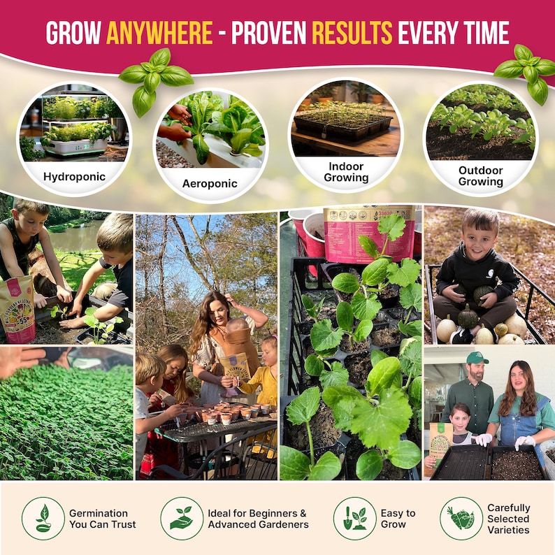 The image is a collage of various images showcasing different types of gardening and plant growing techniques, including hydroponic, aeroponic, indoor growing, outdoor growing, and germination.