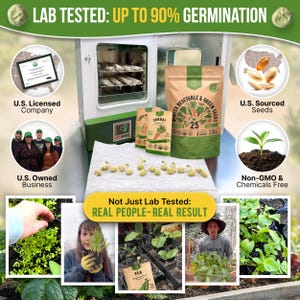 The image is a collage of various images related to the lab testing of a product, including a machine, seeds, and people working with plants.