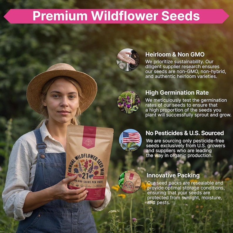 a woman holding a bag of wildflower seeds