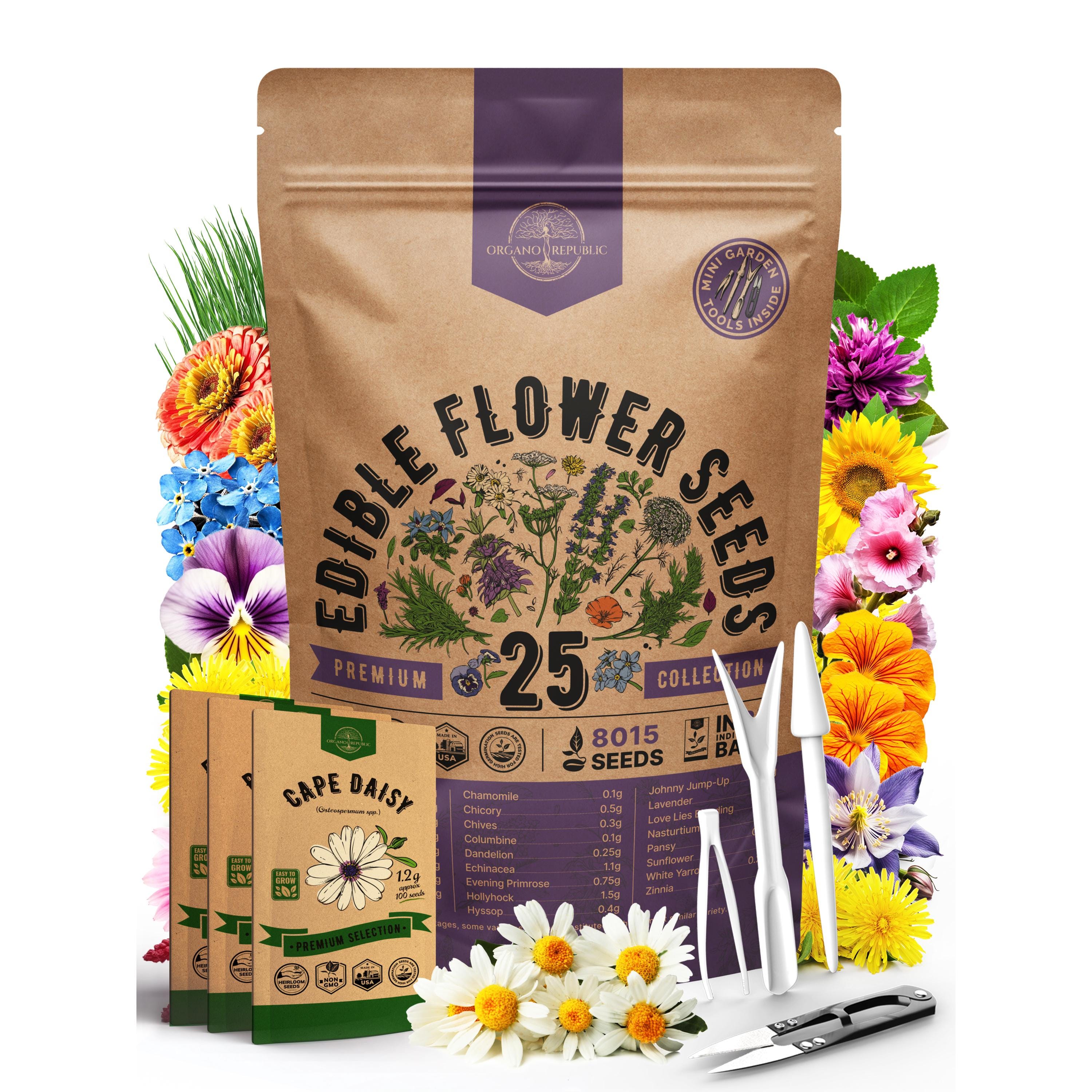25 Edible Flower Seeds Variety Pack- Indoor/Outdoor 8000+ Non GMO Heirloom: Anise, Hyssop, Nasturtium, Pansy, Echinacea, Chives Seeds & More