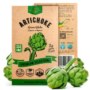 May include: A package of "Artichoke Green Globe" seeds from Organo Republic. The package features a green artichoke illustration and text, including "Premium Selection" and "Easy to Grow." Several fresh artichokes are in the foreground.