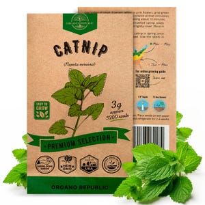 May include: A brown paper packet of catnip seeds from Organo Republic. The packet features a green illustration of catnip leaves and the text "Catnip (Nepeta nervosa)". The packet also includes a QR code for online growing instructions, a 75-day harvest timeline, and a 1/8-inch depth planting guide. The packet is surrounded by fresh green catnip leaves.