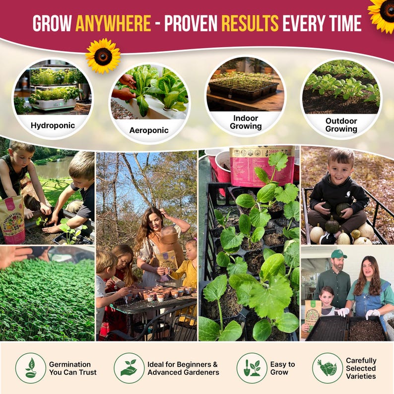 The image is a collage of various images showcasing different methods of growing plants, including hydroponic, aeroponic, indoor growing, outdoor growing, germination, and advanced gardening.